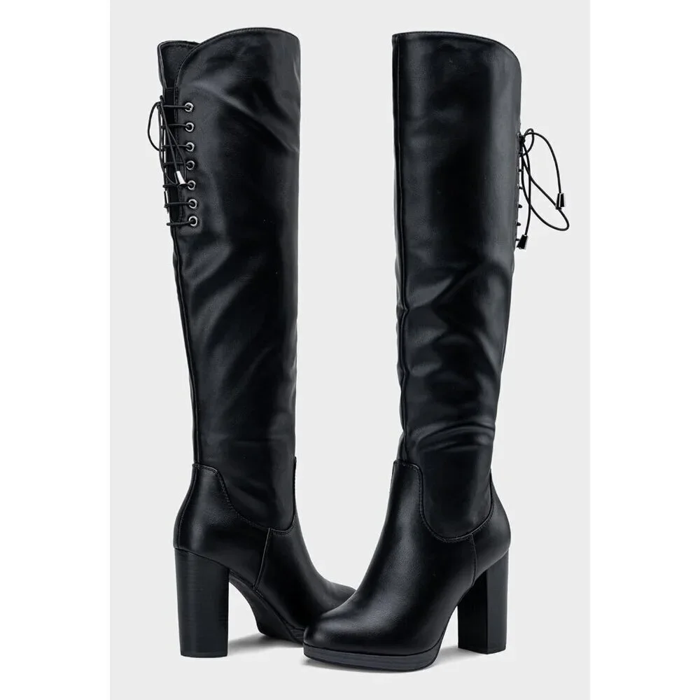 Women Blackpu-imitation Grain Synthetic suede Thigh High Over The Knee Tall Boot